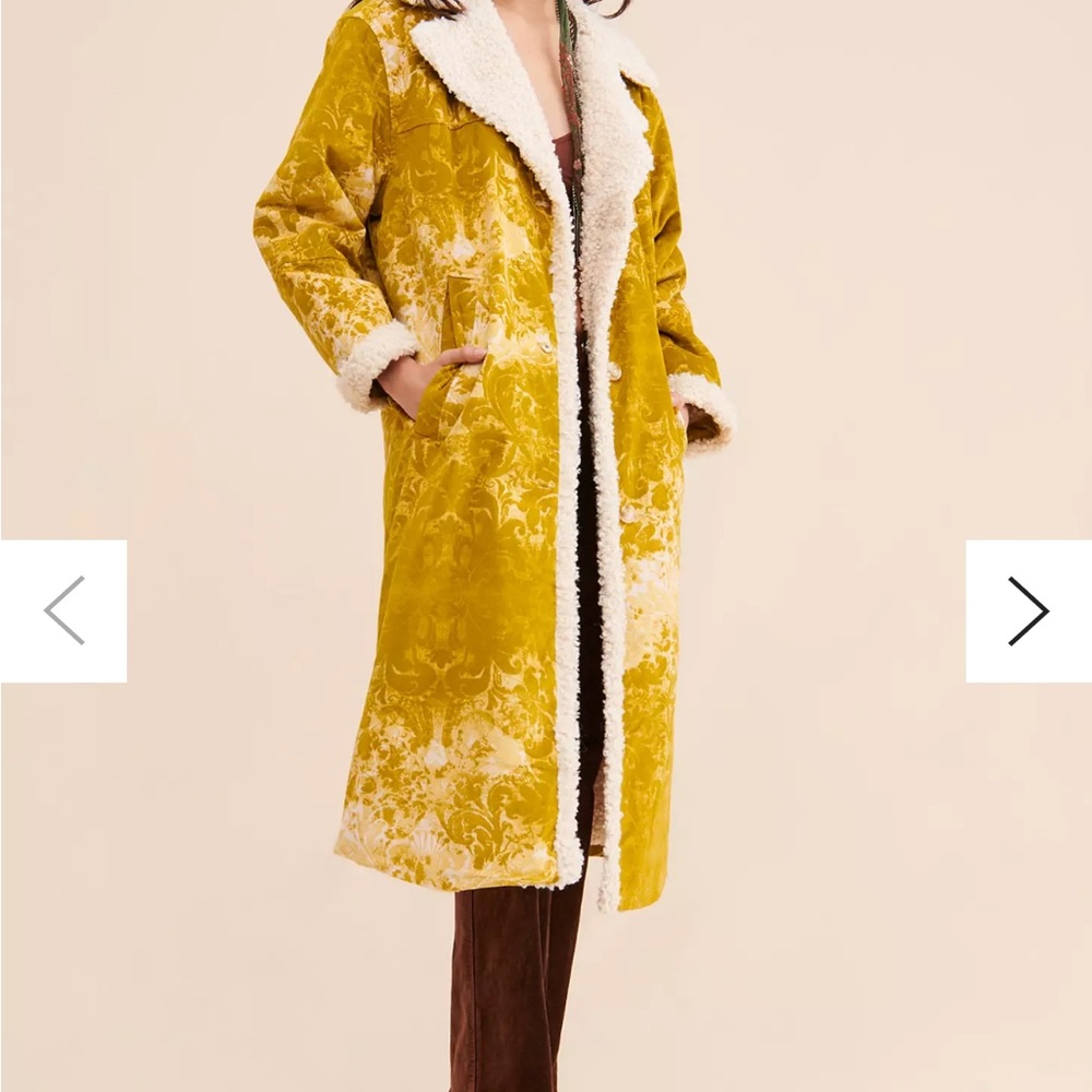 Yellow Floral Women's Coat with Faux Fur Lining